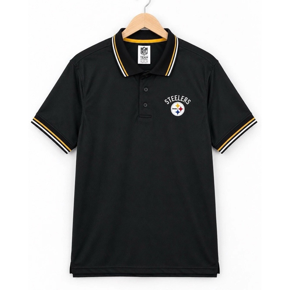 Pittsburgh Steelers NFL Team Apparel Polo Shirt Mens L Black Tipped Collars SS